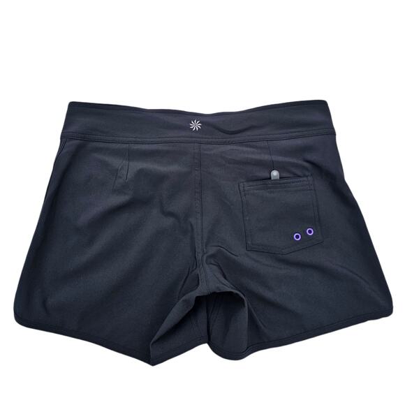 Black Board Shorts Athleta Zanzibar Size 4 Purple Paisley Graphic Print Stretch - Picture 7 of 7